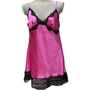 Hot Pink Fuchsia & Black Lace Y2K Slip Dress Cynthia Rowley Babydoll Grunge Doll
